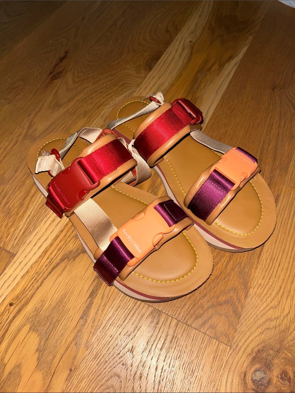 See By Chloé Tan Leather Sandals with Red and Burgundy Straps